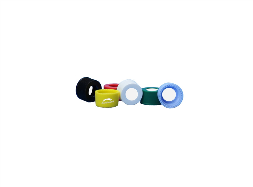 Picture of 9mm Open Top Screw Cap, Green with Red PTFE/White Silicone Septa, 1mm, (Shore A 45)